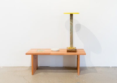a wooden stand with a wooden stylised mushroom sculpture, photo and a smoke alarm, taken in a white wall gallery