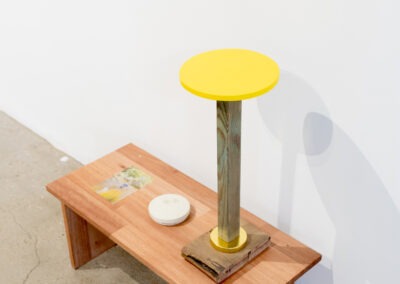 a wooden stand with a wooden stylised mushroom sculpture, photo and a smoke alarm, taken in a white wall gallery