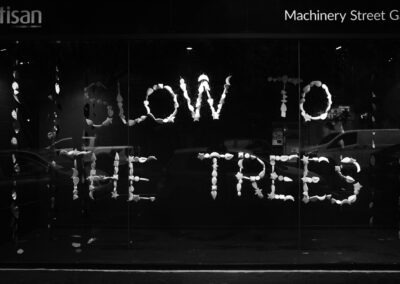 photo of a window art gallery. The window shows white lettering (spelt out in porcelain letters) 'SLOW TO THE TREES'.