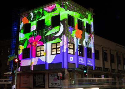 a photo taken at night in the valley (Brisbane) with slowed shutter to see car headlight trails. The photo captures the Judith Wright Centre building and Fiona Harding's projected work. The work consists of pattern collages of the artist where a glowing green mushroom costume. The projection also had colourful flowers and crescent moons.